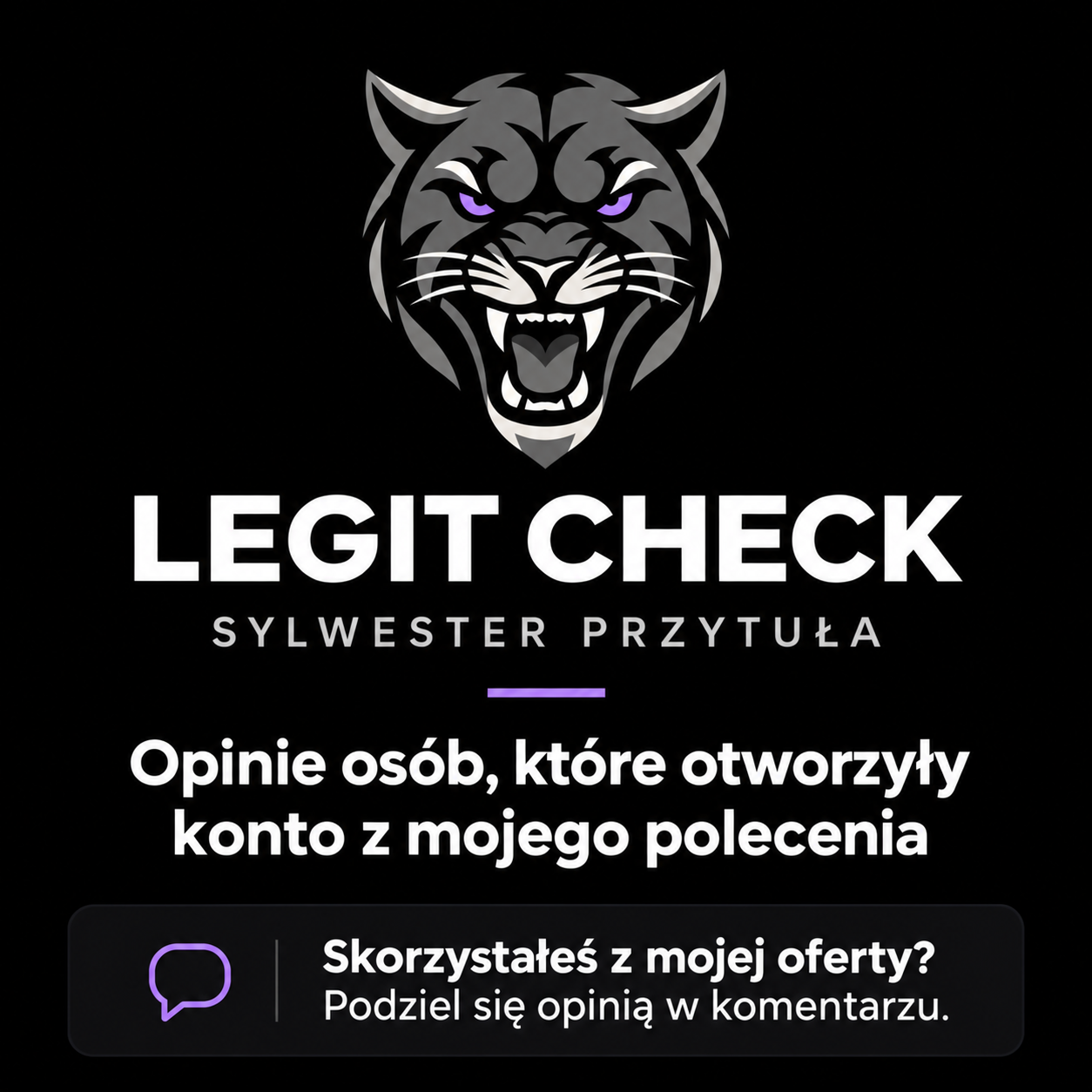 Symbol LEGIT CHECK — głowa dzikiego kota z fioletowymi oczami