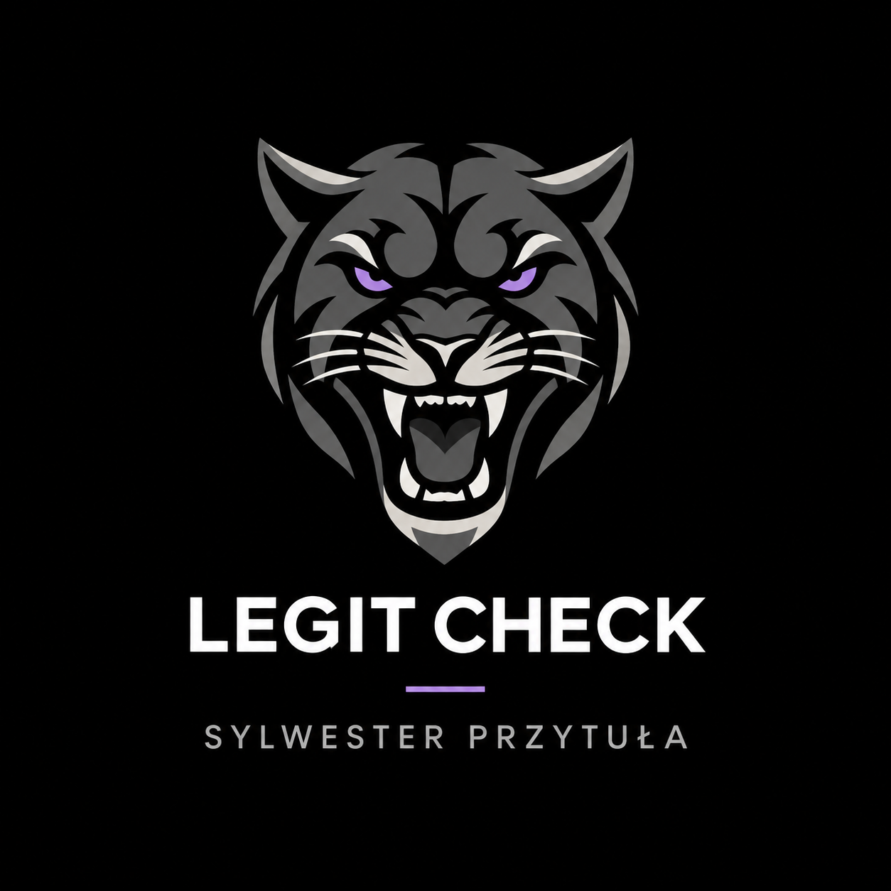 Symbol LEGIT CHECK — głowa dzikiego kota z fioletowymi oczami